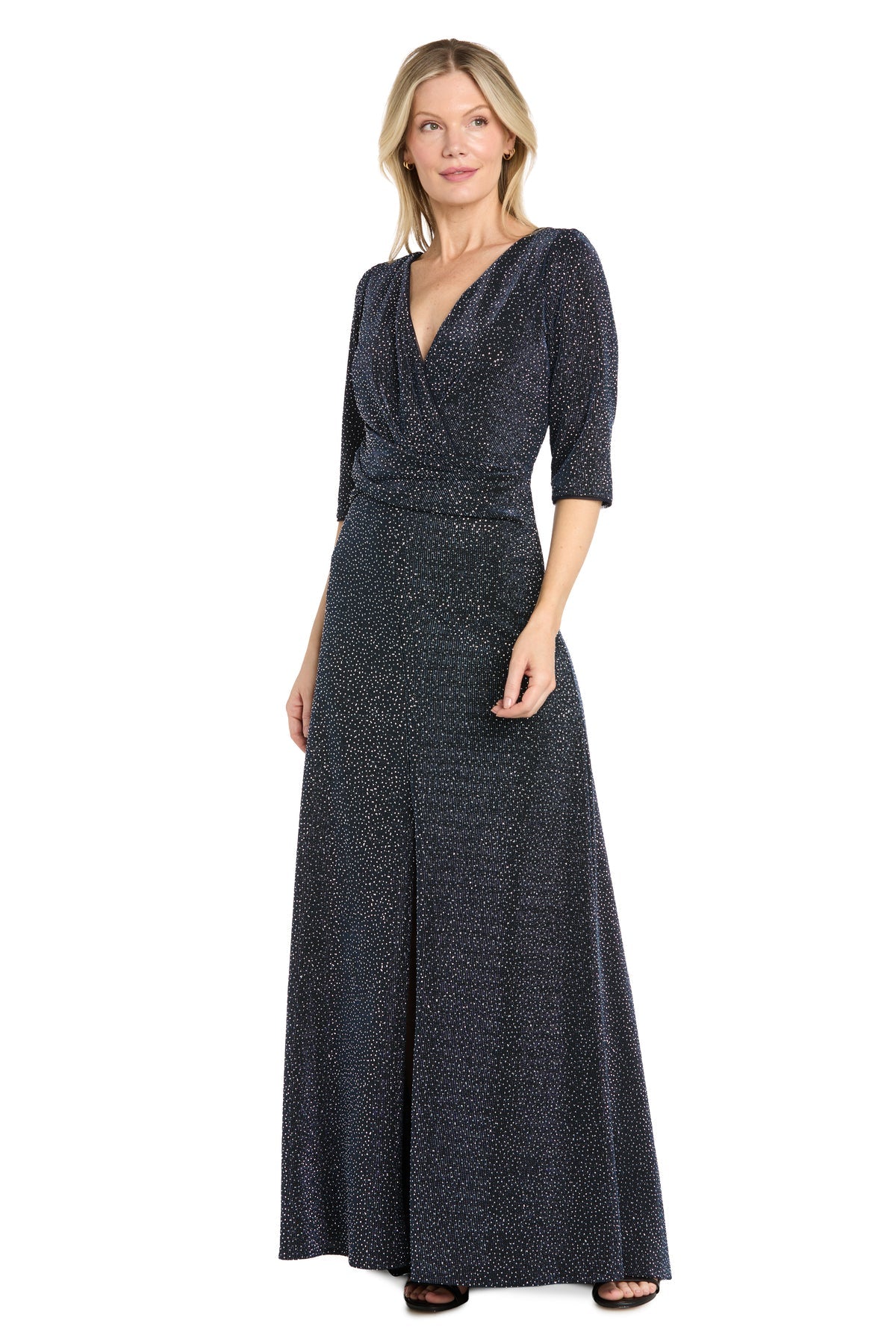 Navy/Black R&M Richards 3956 V-Neck Floor-Length Knit Formal Metallic Gown