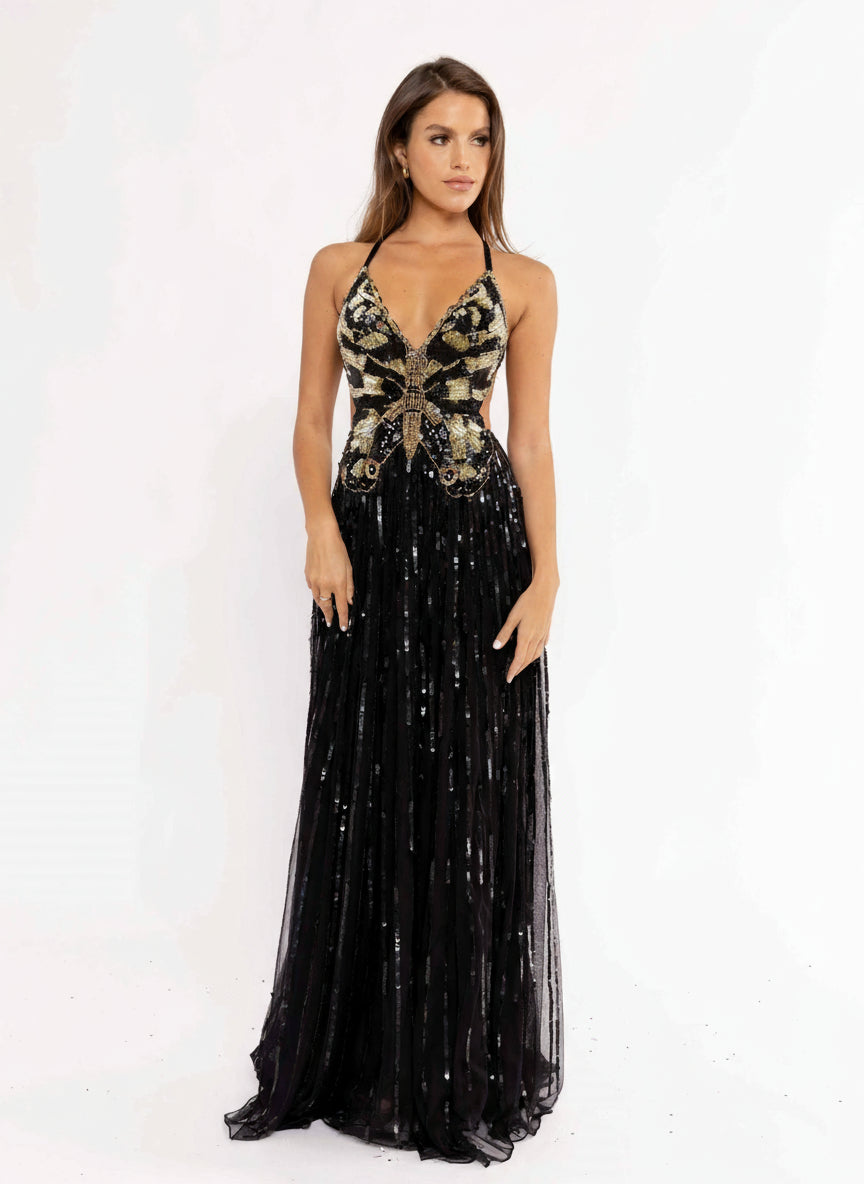 Prom Dresses Sequins Long Prom Butterfly Pattern Dress Black