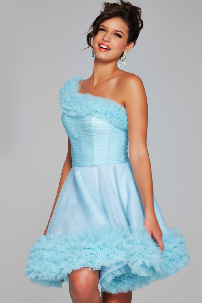Jovani 39665 A Line Short Homecoming One Shoulder Cocktail Dress