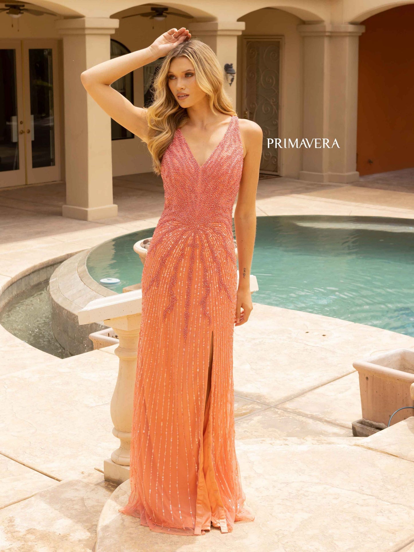 Prom Dresses Sequins Beaded Long Prom Dress Coral