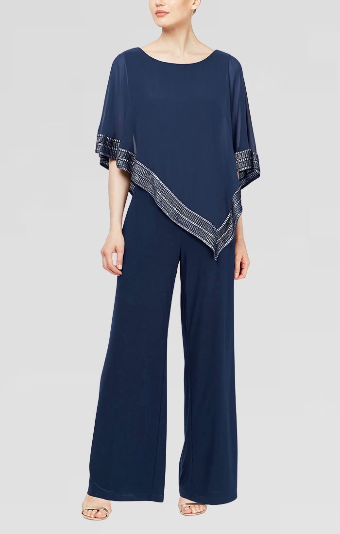 Jumpsuit Asymmetrical Cape Jumpsuit  Navy/Silver