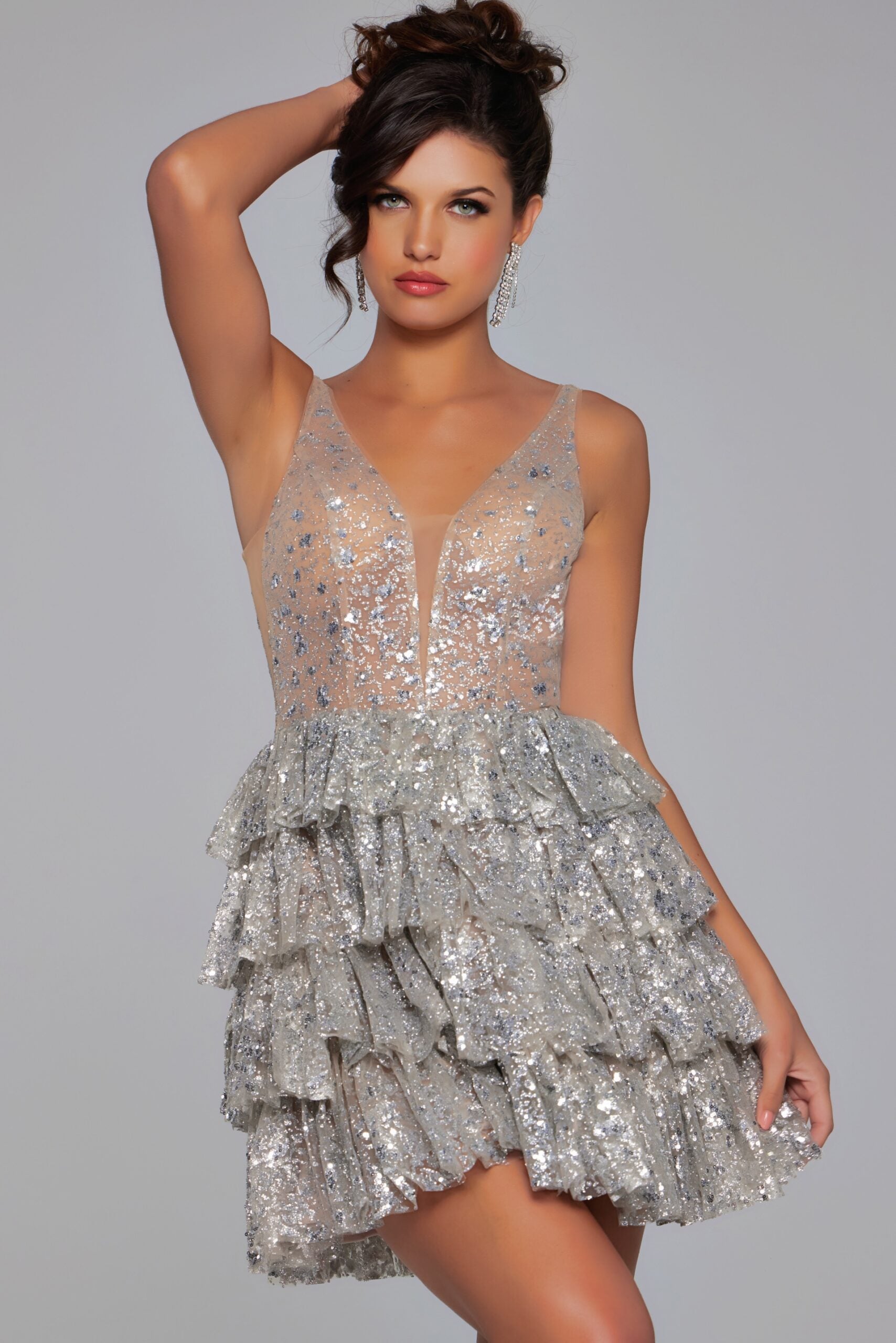 Cocktail Dresses Homecoming Sequin Short Cocktail Mini Tiered Dress Silver/Silver