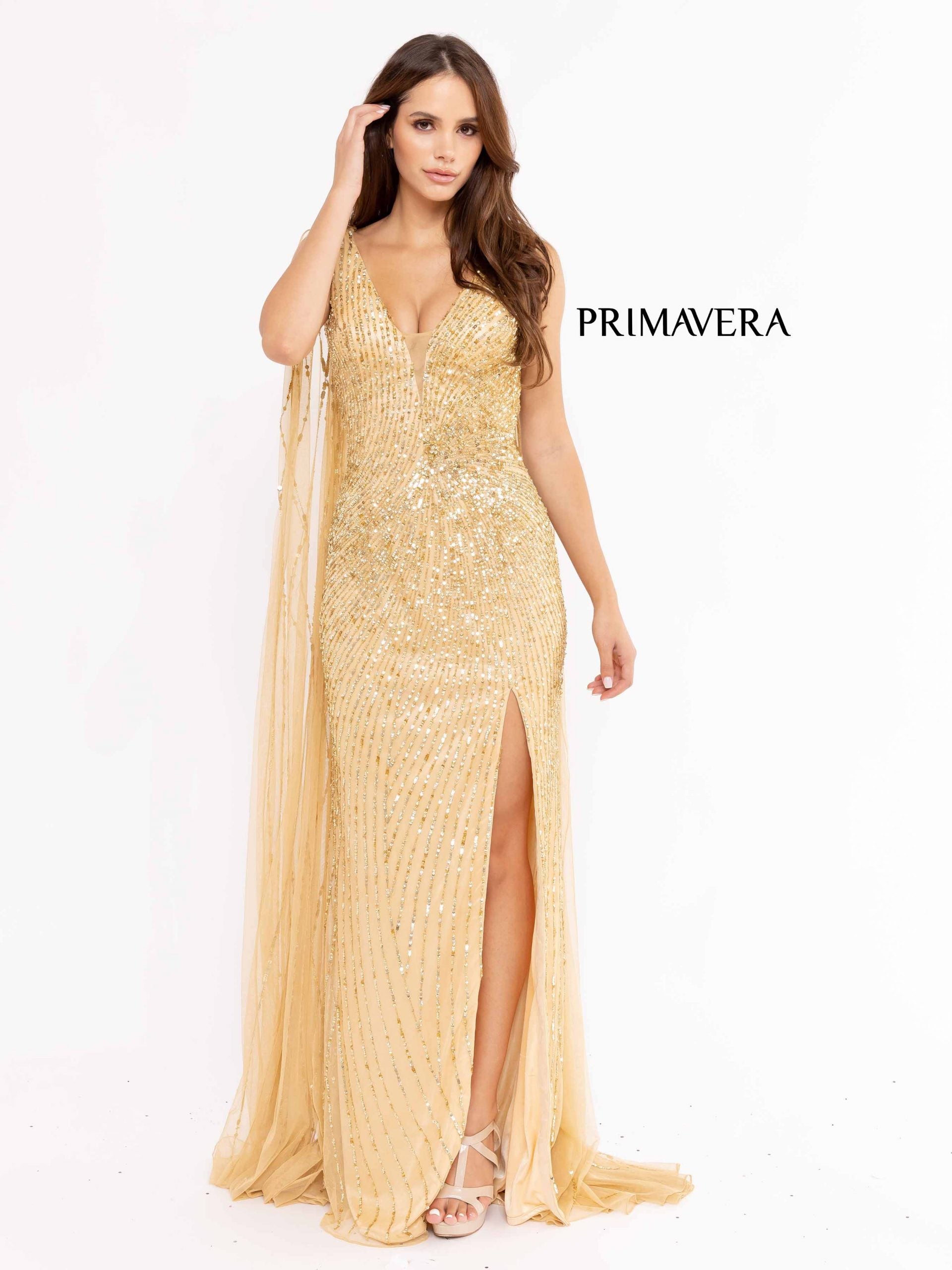 Primavera Couture 3971 Long Sequins Cape Prom Dress