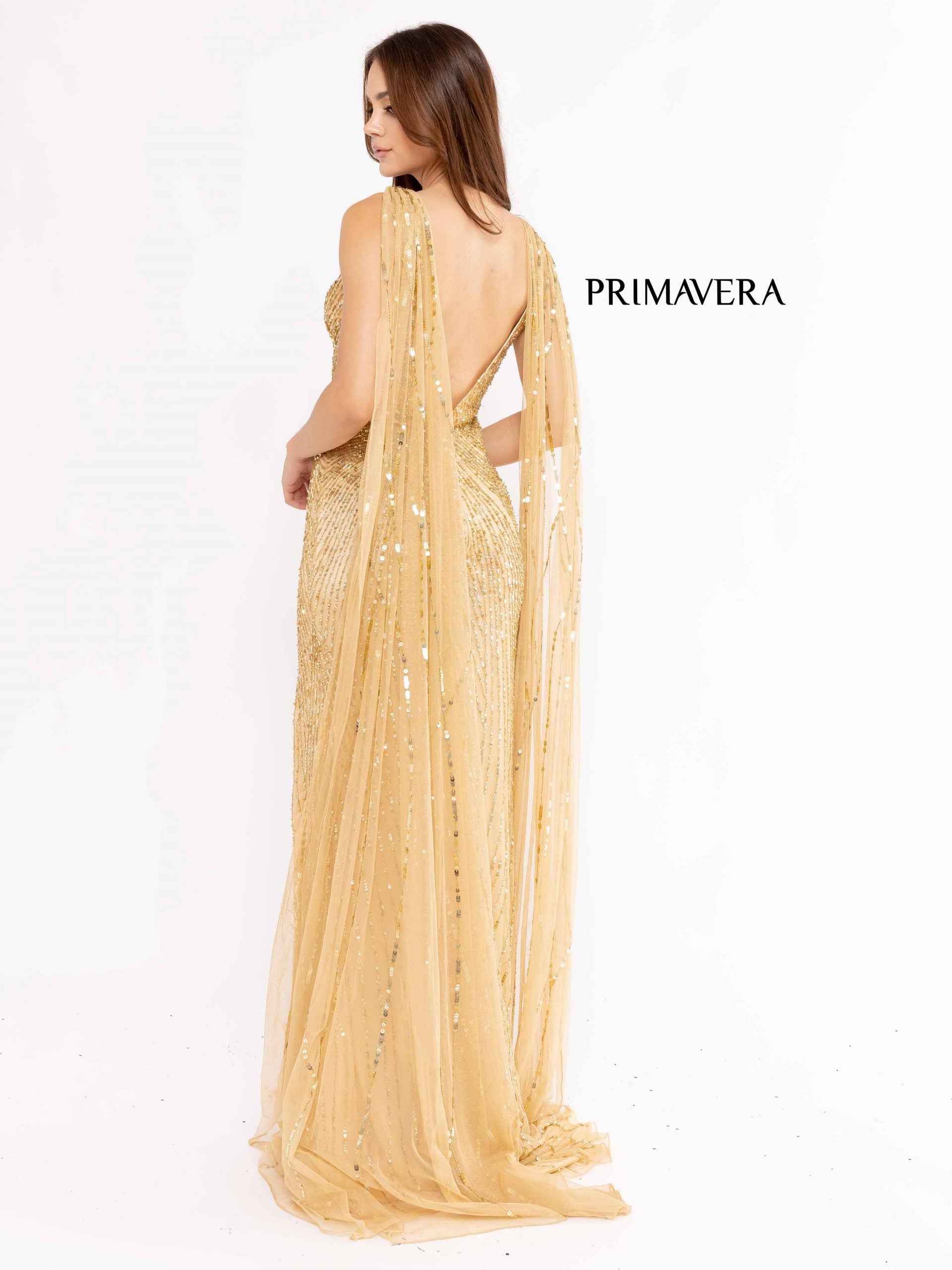 Primavera Couture 3971 Long Sequins Cape Prom Dress