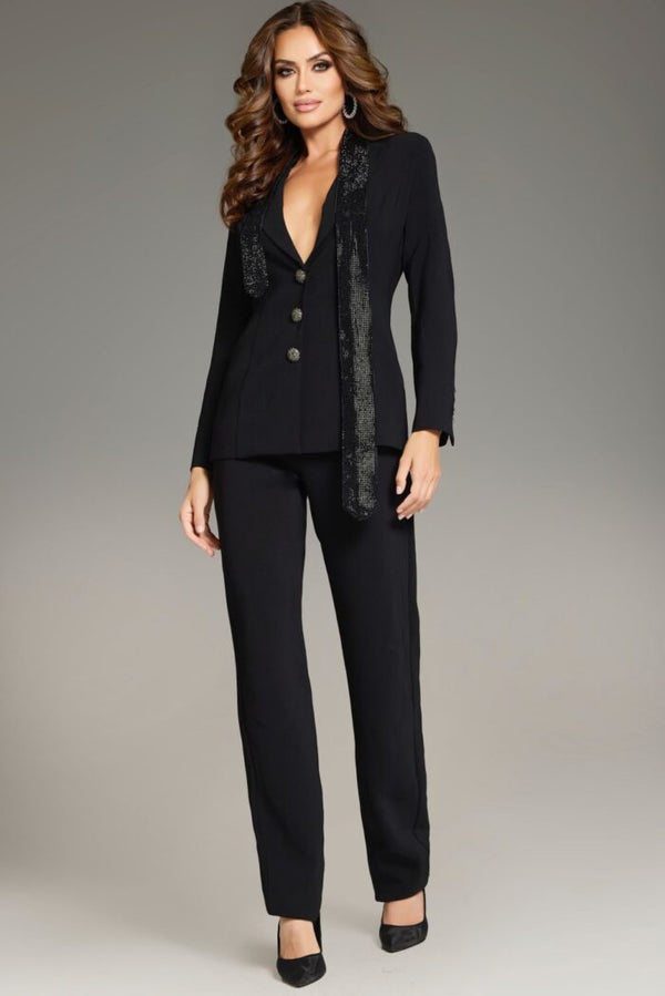 Pant Suit Long Beaded Blazer Top Formal Pant Suit Black