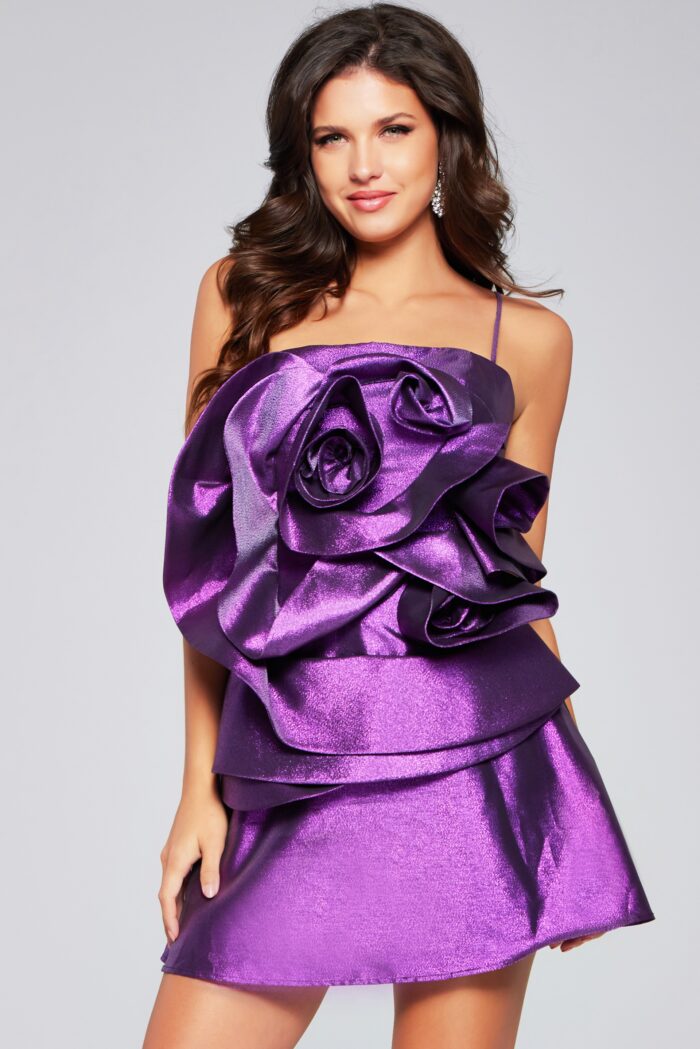 Jovani 39749 Short Metallic A Line Cocktail Dress - Purple / 00 Jovani 39749 Short Metallic A Line Cocktail Dress - Purple / 00