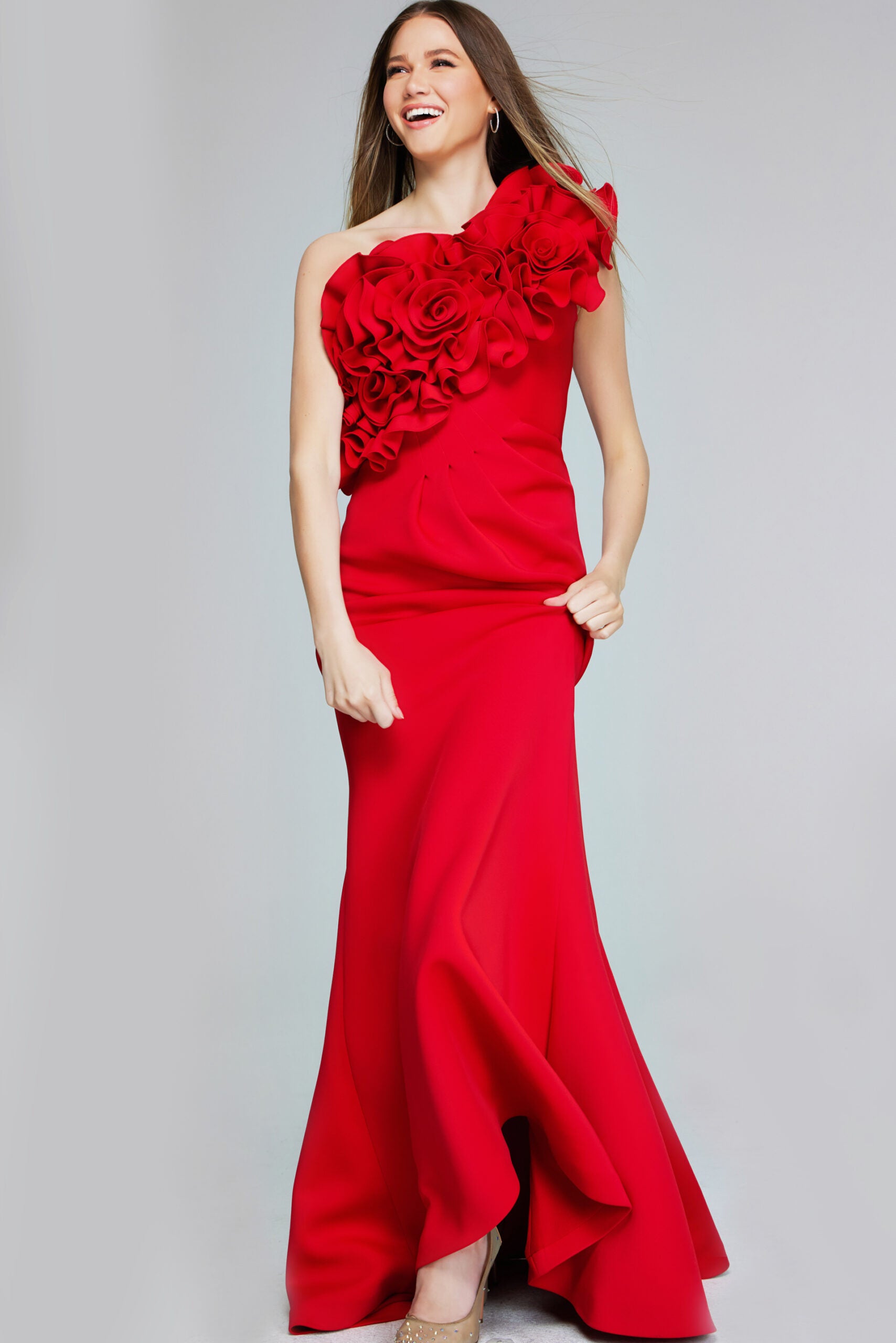 Formal Dresses Long Mermaid 3D Floral Applique Formal Prom Dress Red