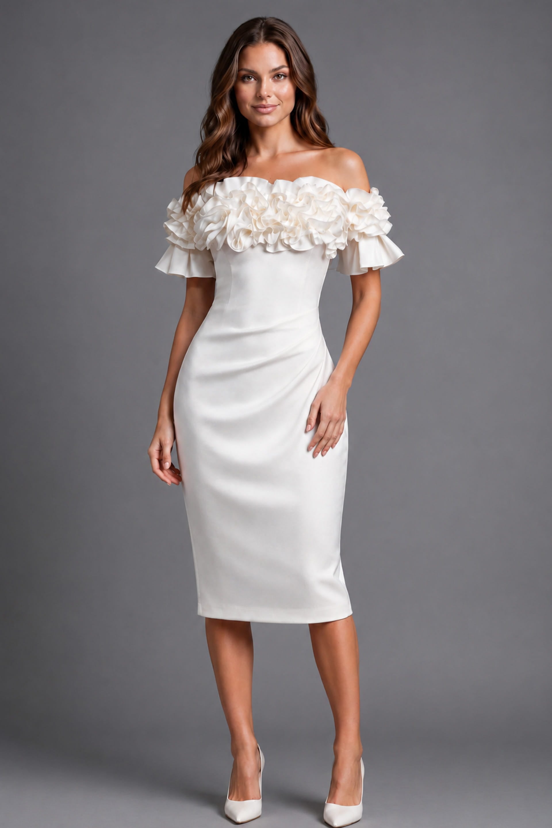 Off-the-Shoulder Midi Scuba Wedding Bodycon Jovani 39752