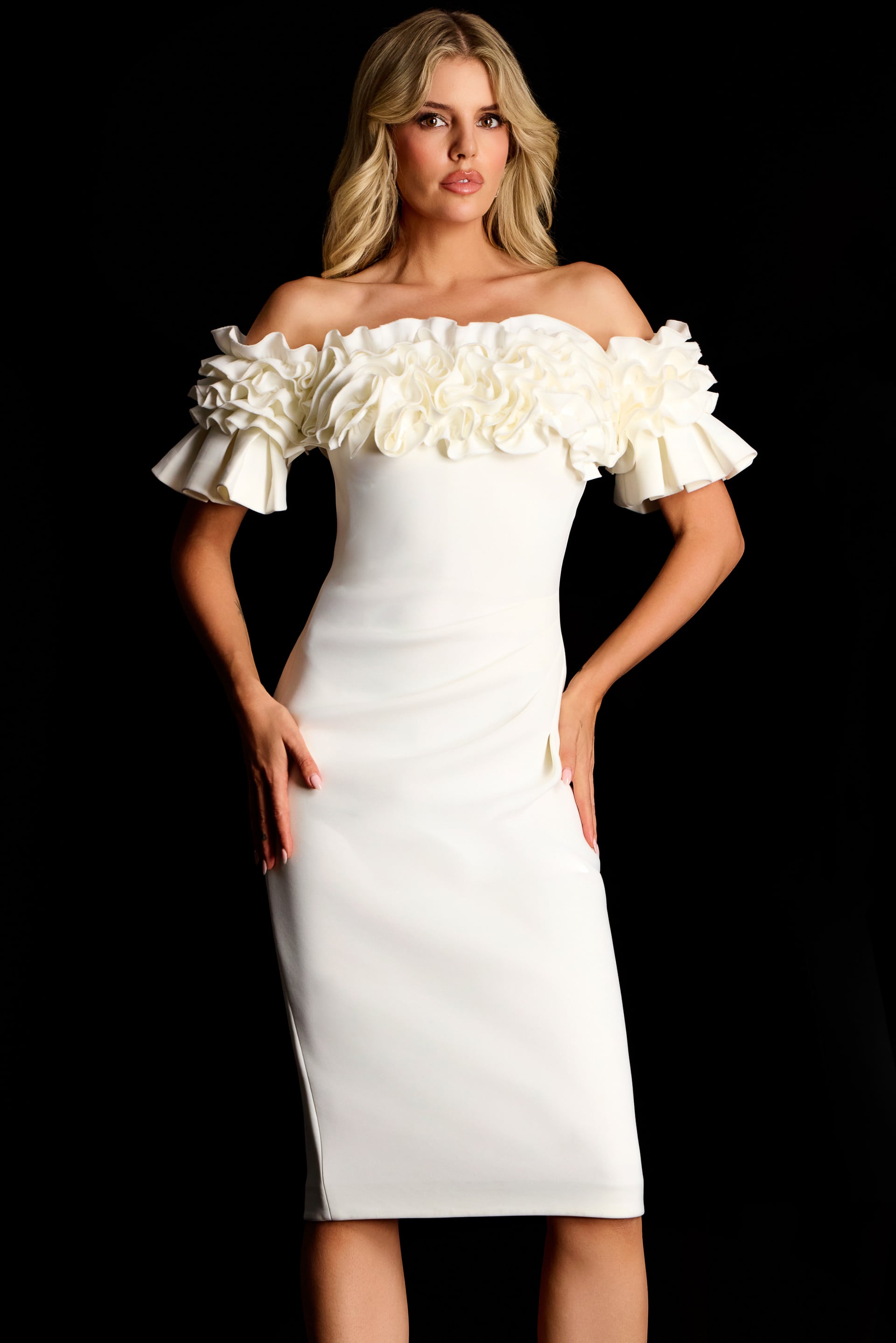 Off-the-Shoulder Midi Scuba Wedding Bodycon Jovani 39752