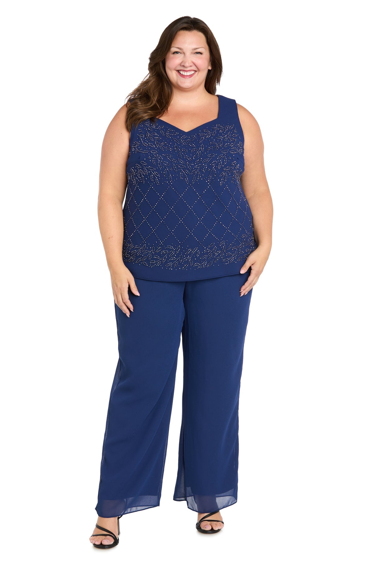 V-Neck Ankle-Length Chiffon Pant Suit by R&M Richards 3976W in Twilight