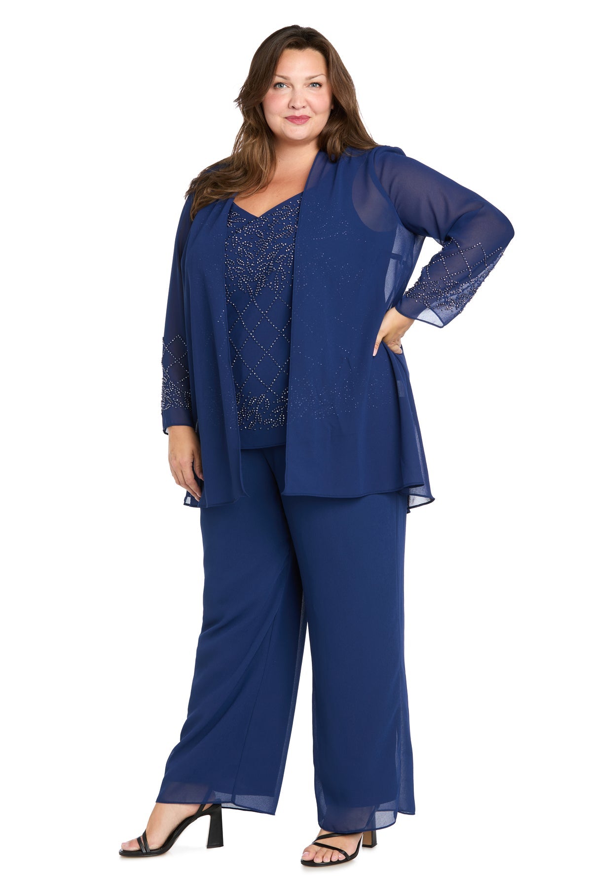 V-Neck Ankle-Length Chiffon Pant Suit by R&M Richards 3976W in Twilight