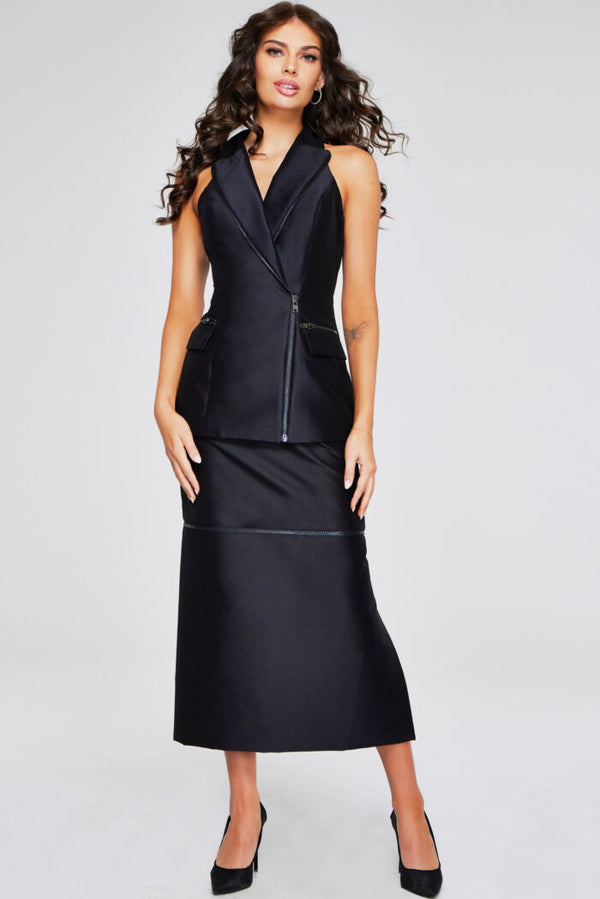 Formal Dresses Tea Length Fit High Slit Detail Formal Dress Black