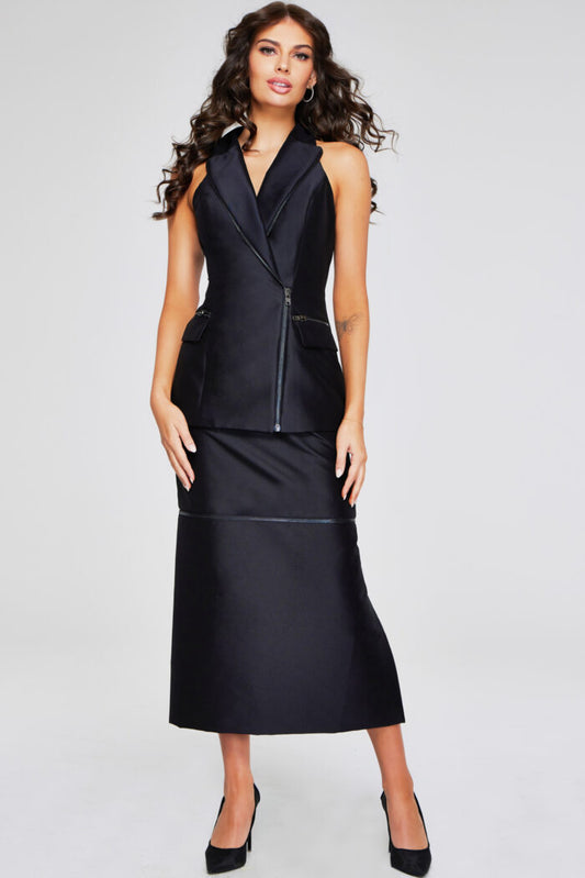 Formal Dresses Tea Length Fit High Slit Detail Formal Dress Black