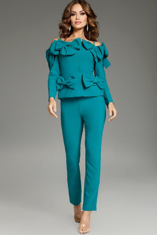 Pant Suit Long Bow Accented Formal Pant Suit Teal
