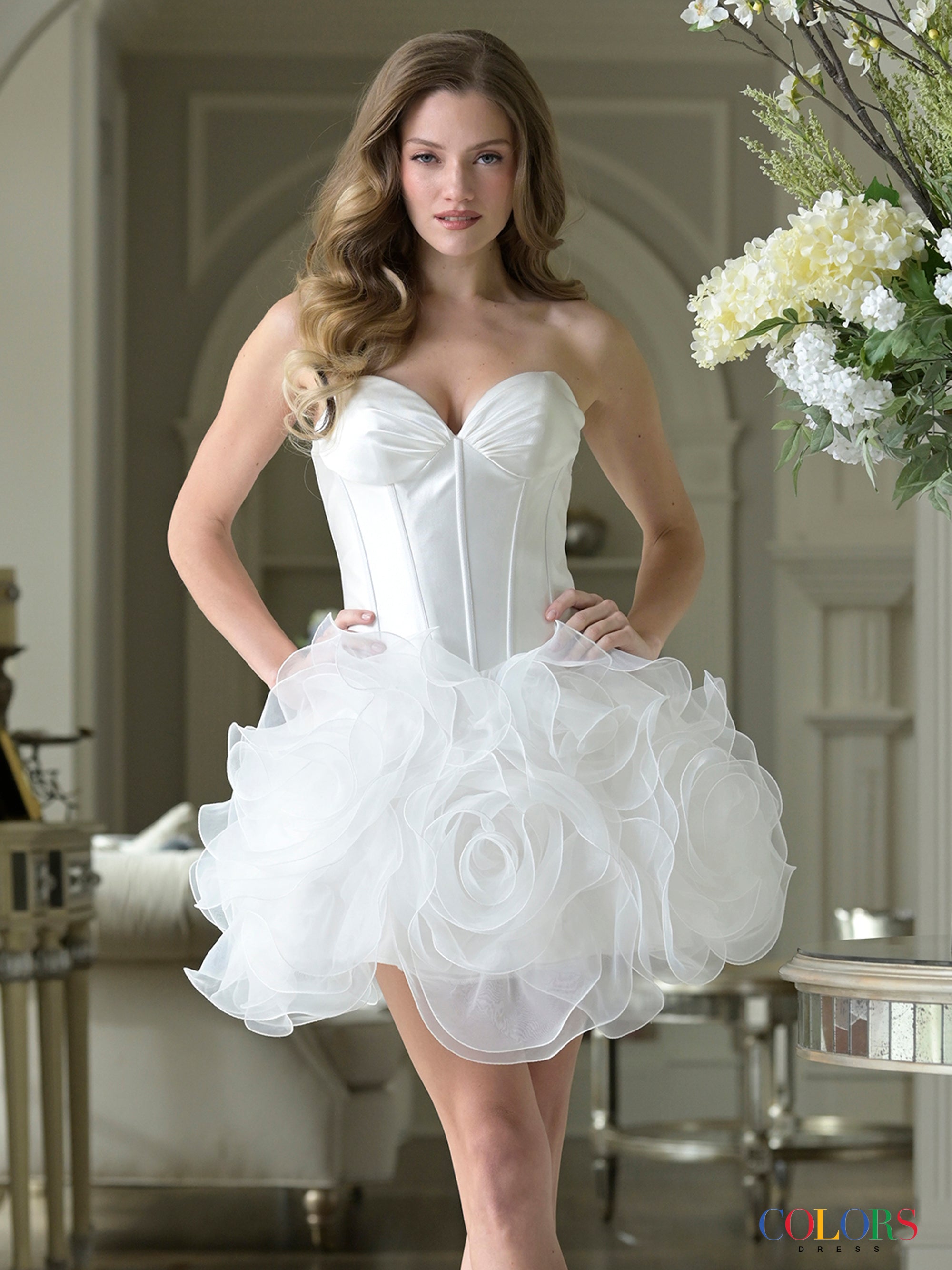 Sweetheart Mini Organza Wedding Dress Corset Fit Flare Ruffled Skirt Colors 3985