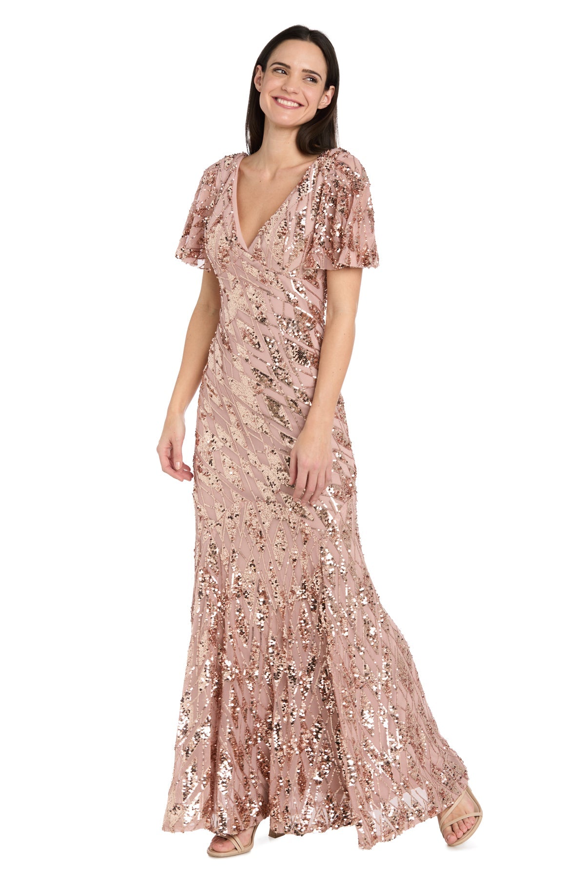 V-Neck Long Sequin Mother of the Bride Dress by R&M Richards 3985 in Latte