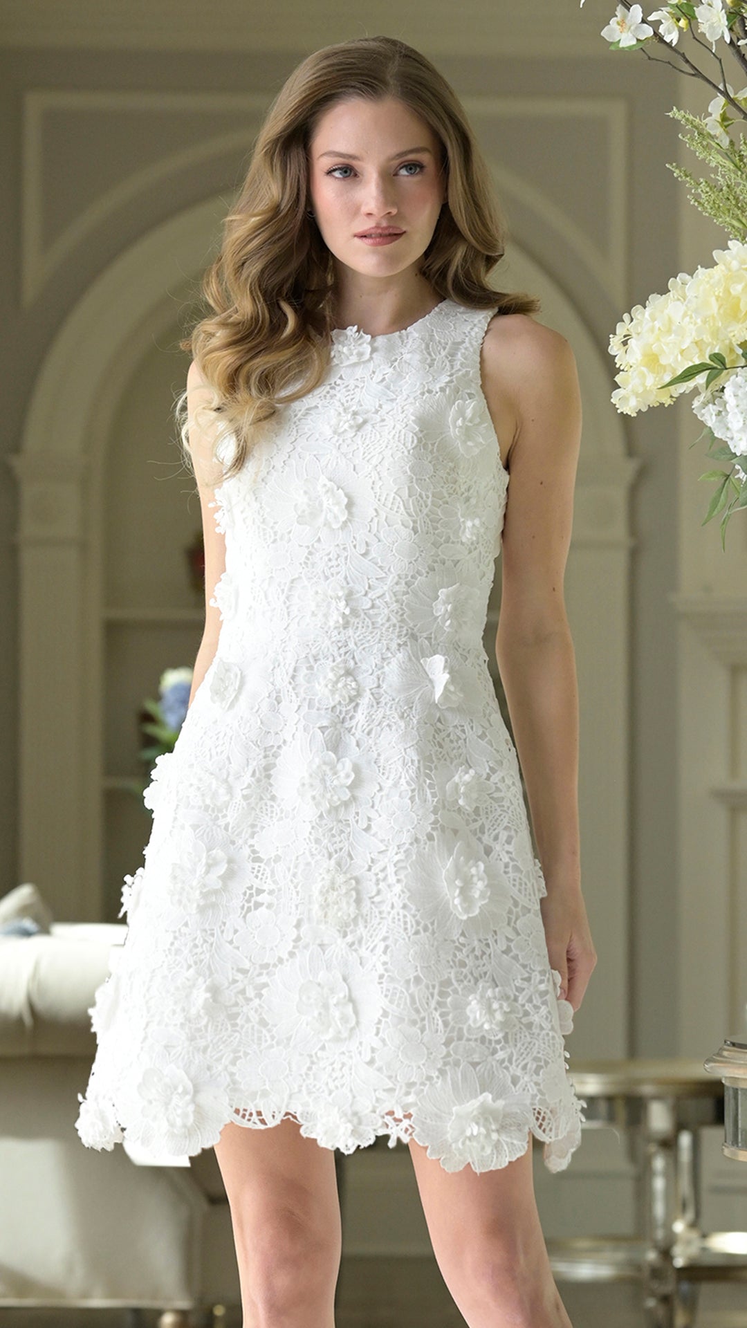 Crew/High-Neck Mini Lace Wedding Dress A-Line Colors 3986B
