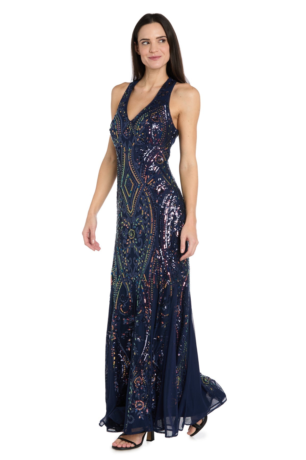 Navy/Multi R&M Richards 3987 V-Neck Floor-Length Sequin Formal Dress Godet