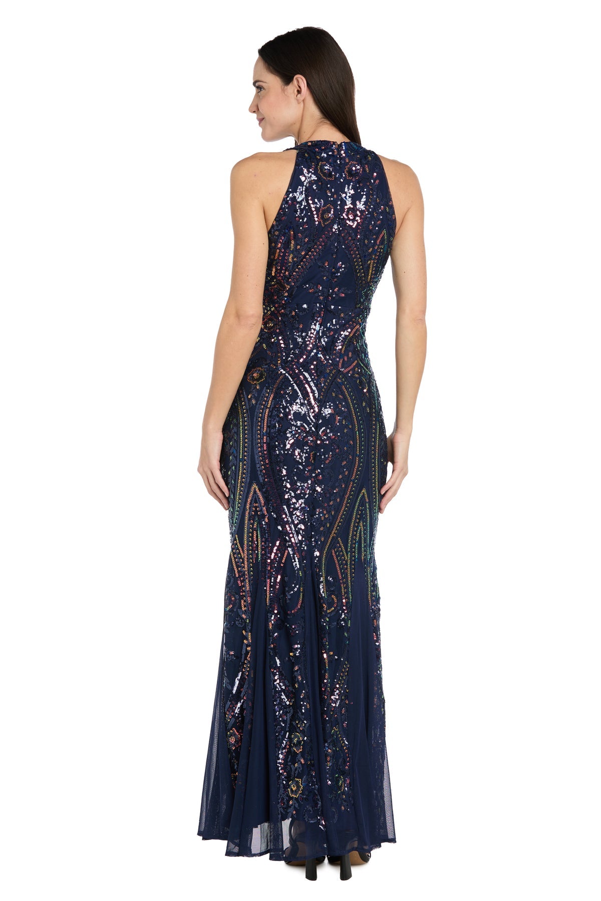 Navy/Multi R&M Richards 3987 V-Neck Floor-Length Sequin Formal Dress Godet