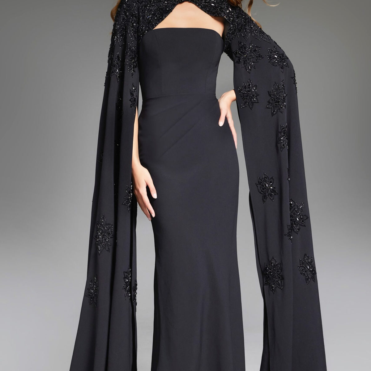Jovani 39957 Fitted Long Beaded Cape Formal Dress