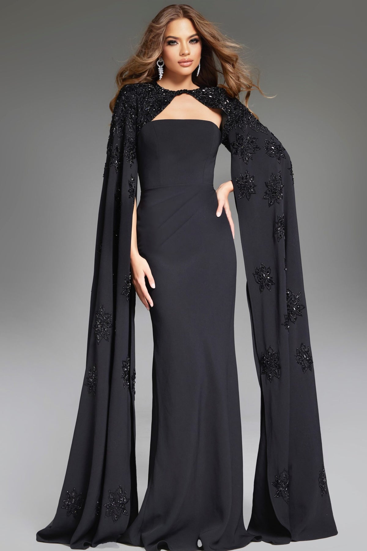 Formal Dresses Fitted Long Beaded Cape Formal Dress Black