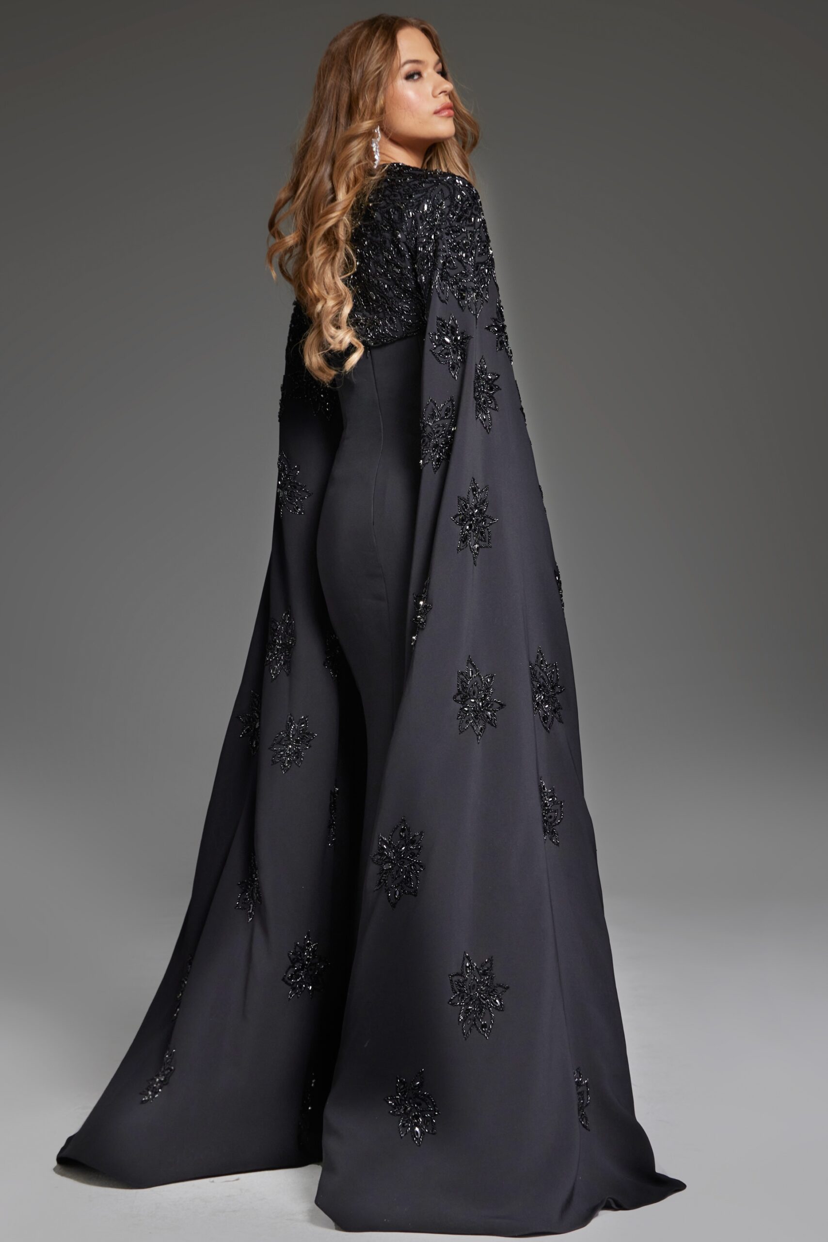 Formal Dresses Fitted Long Beaded Cape Formal Dress Black