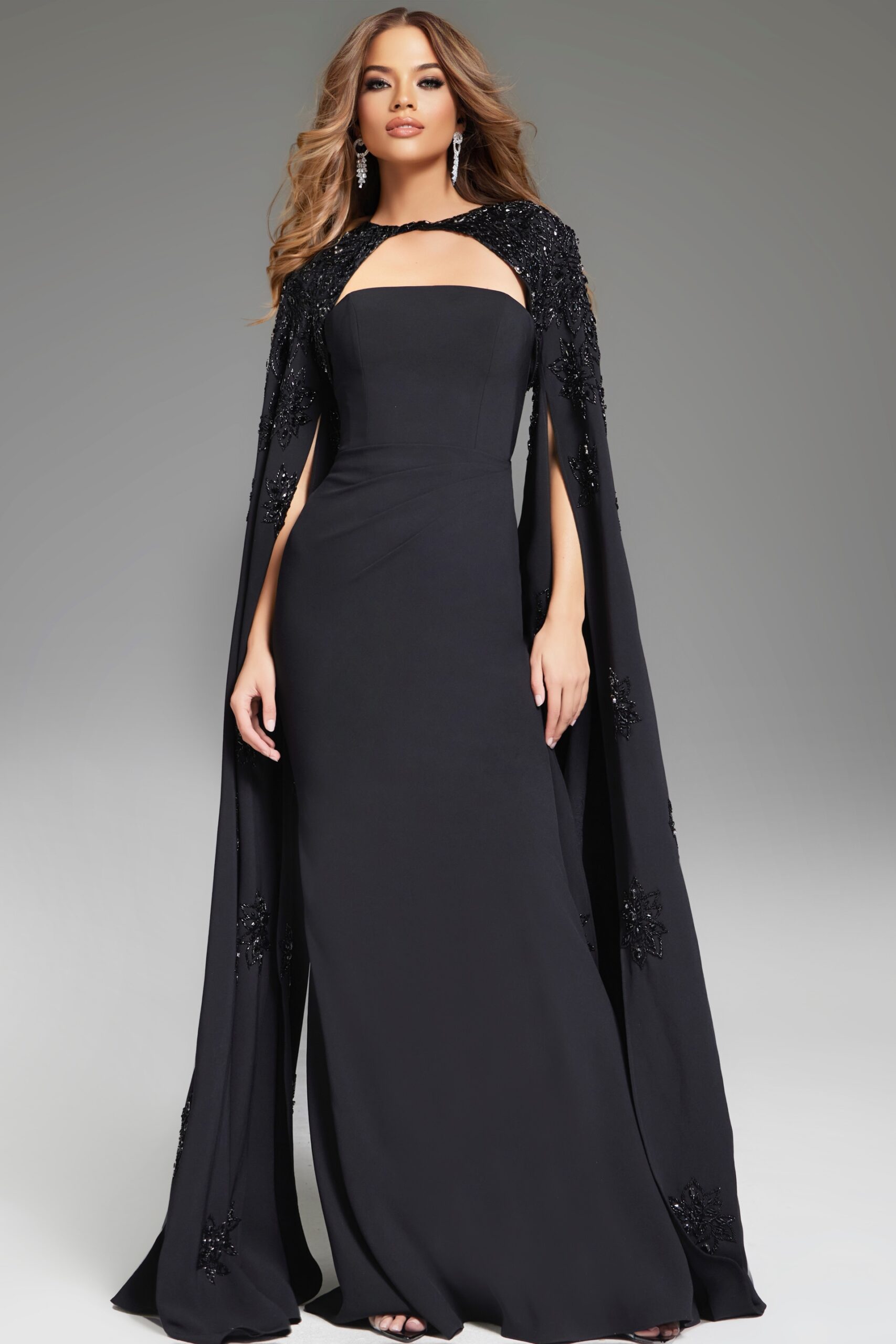 Formal Dresses Fitted Long Beaded Cape Formal Dress Black