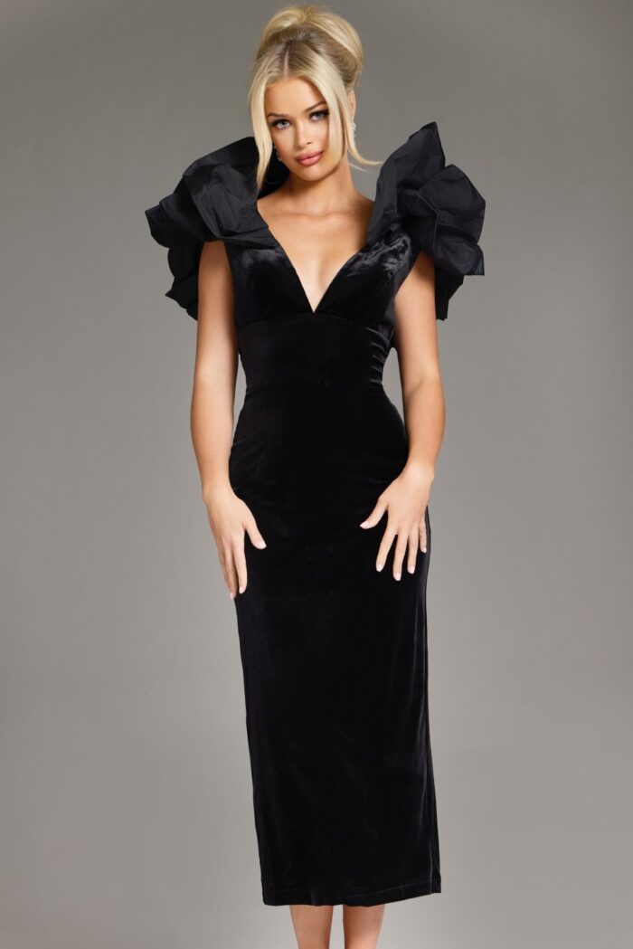 Jovani 39978 Ruffle Tea Length Velvet Formal Dress