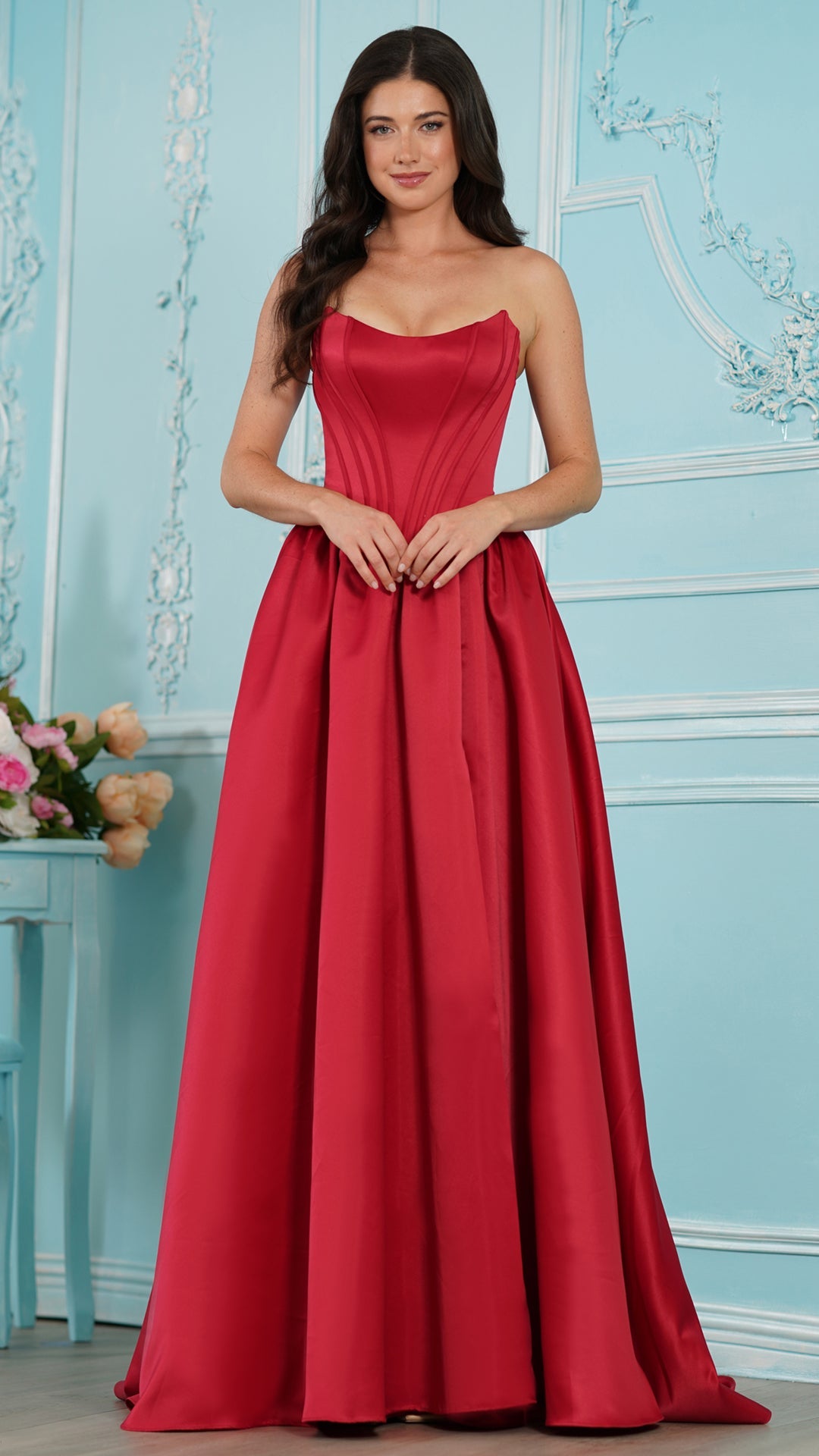 Strapless Curved Neck Floor-Length Satin Occasion Ball Gown Colors 3997