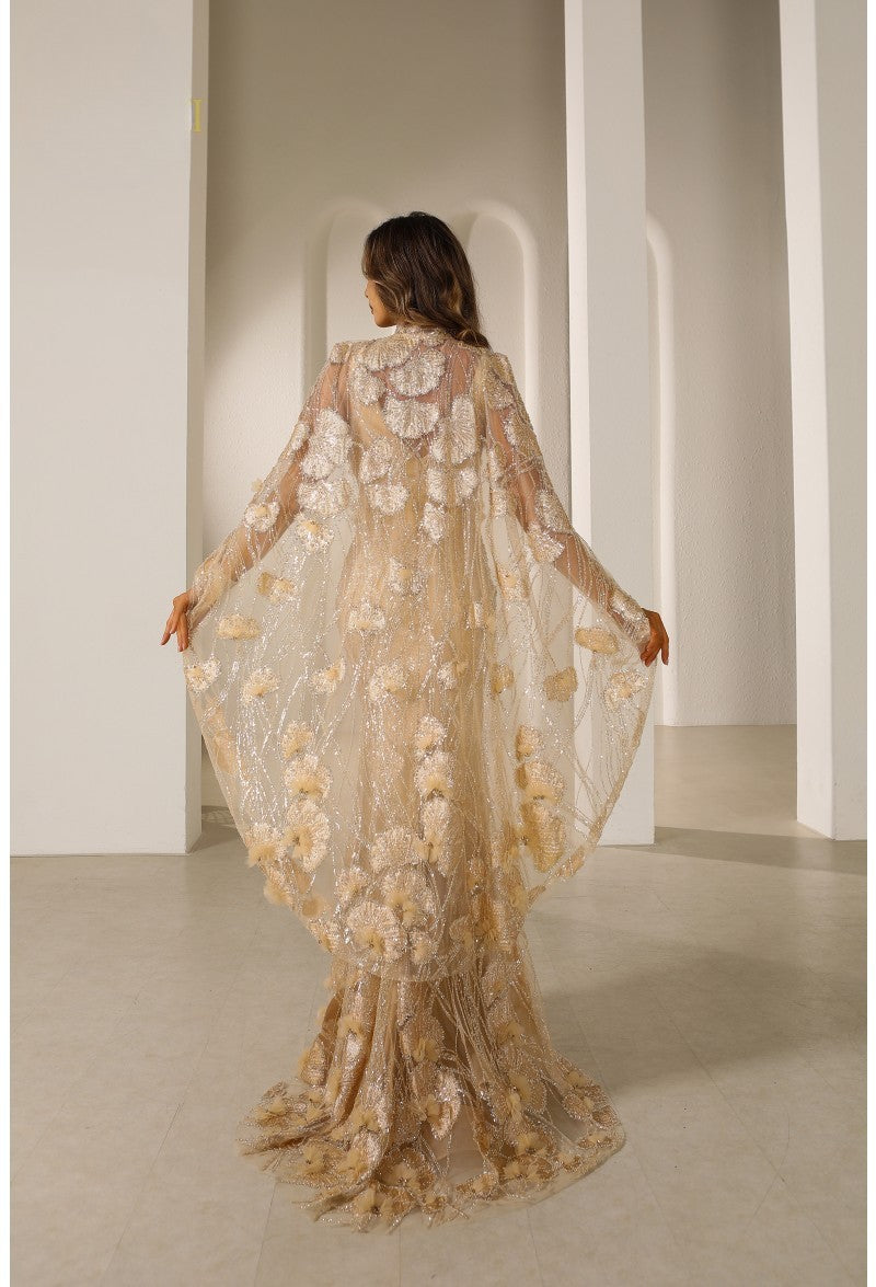 Terani Couture 251M4326 Fitted Long Formal Beaded 3D Floral Cape Evening Dress
