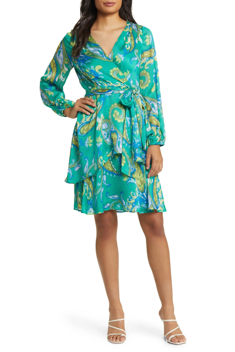 Tahari ASL 3EM128 Long Sleeve Printed  Ruffled Short Cocktail Dress
