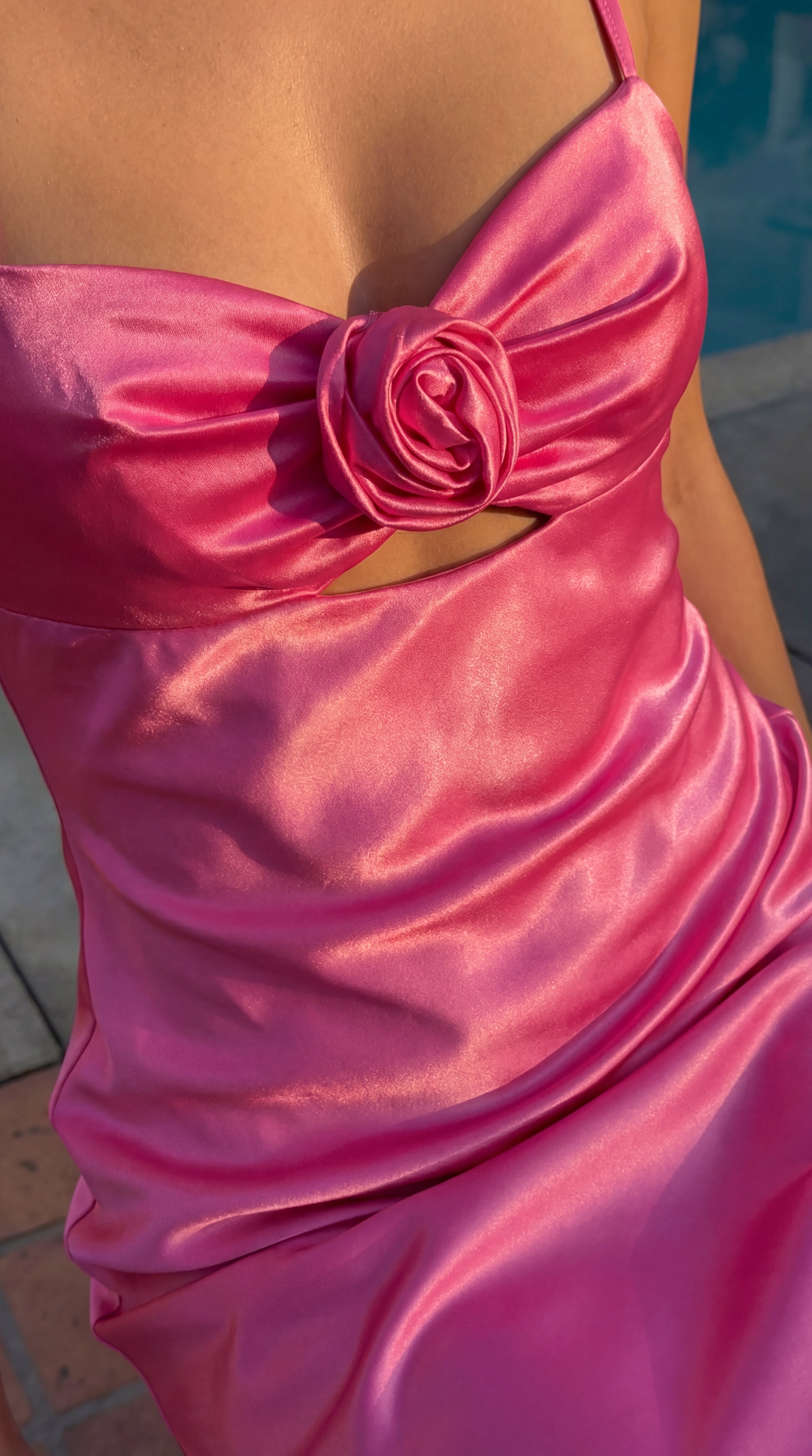 Long Satin Sweetheart Prom Dress with Rosette Detail