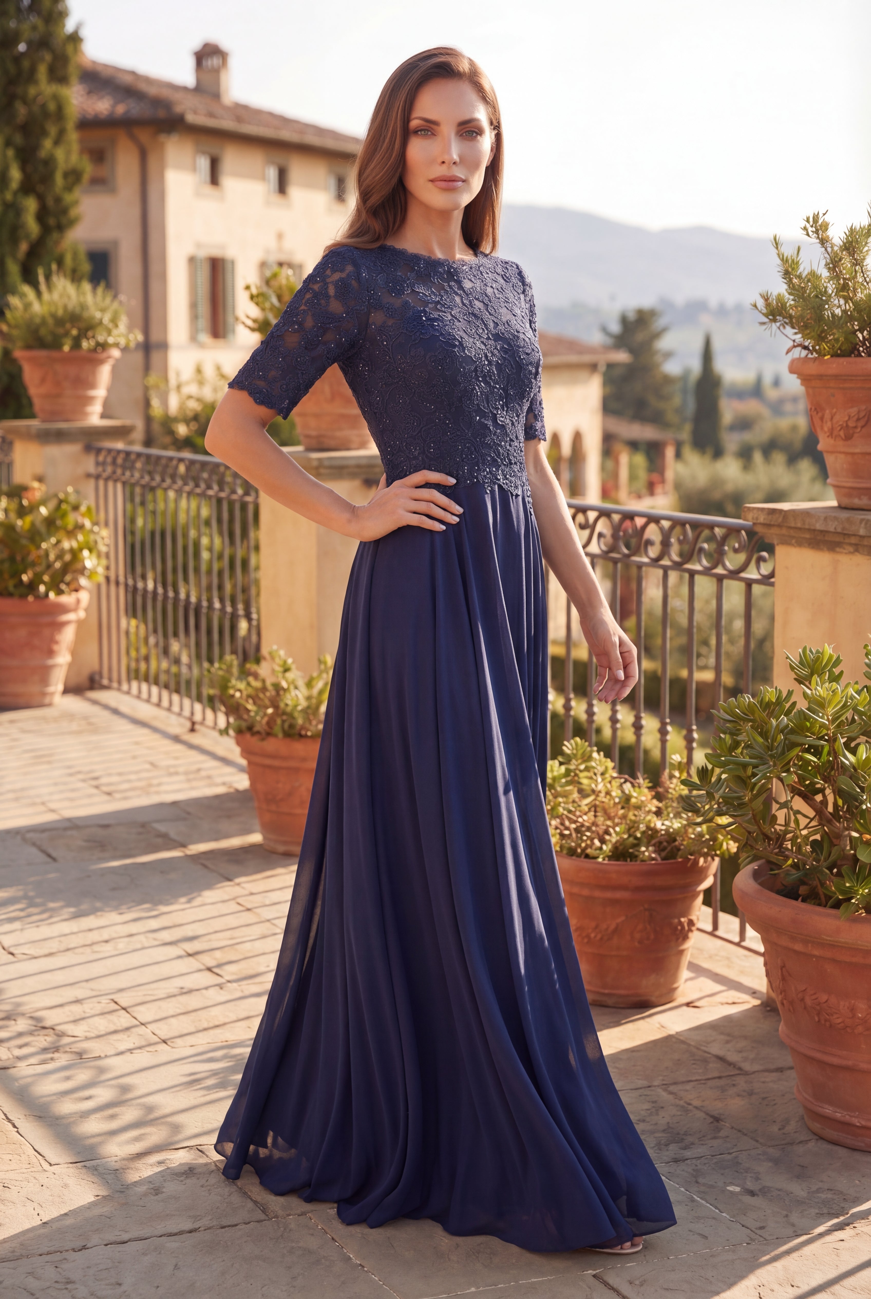 Navy Mother of the Bride Lace Dress with Short Sleeves