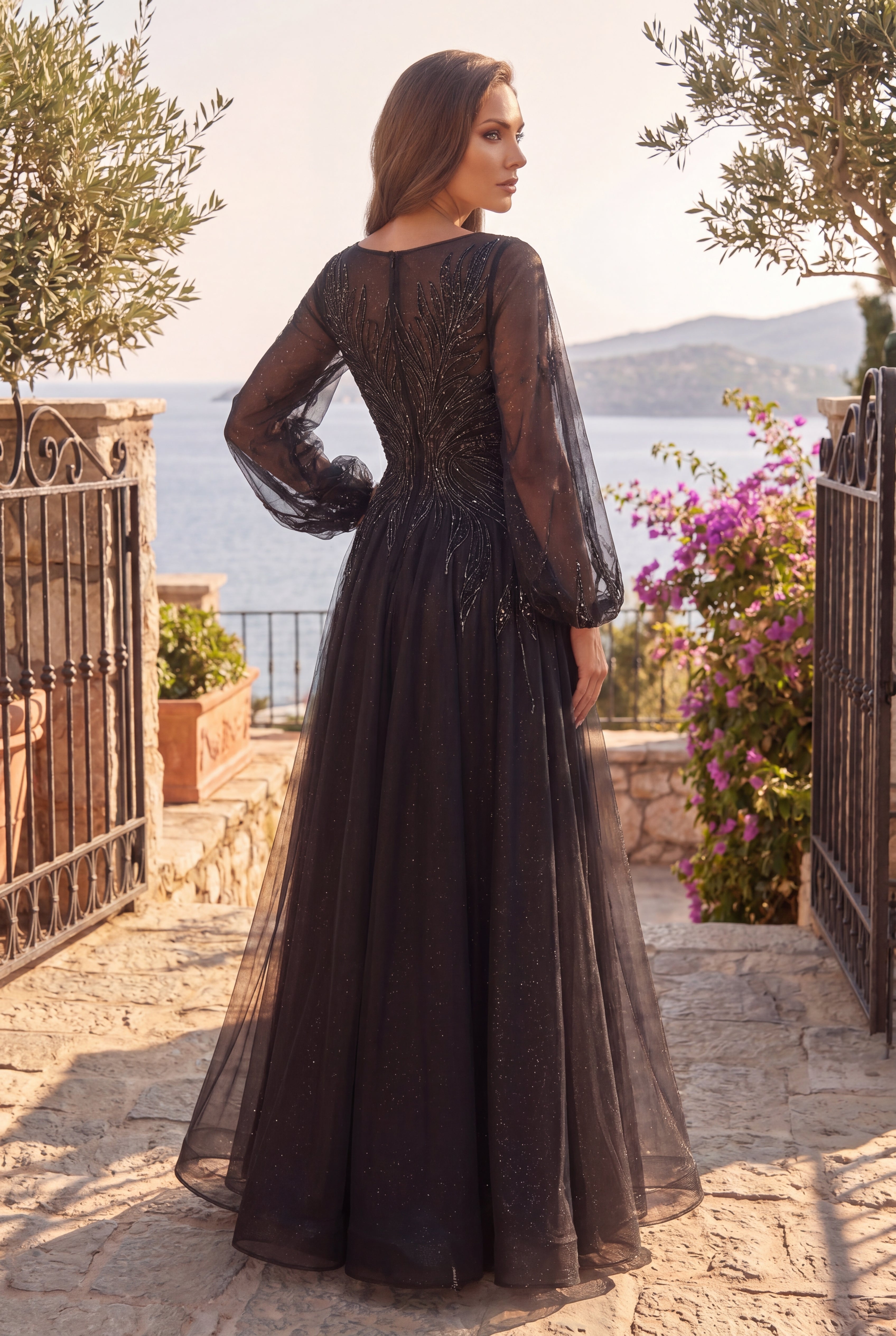 Navy Beaded V-Neck Long Sleeve Formal Evening Gown