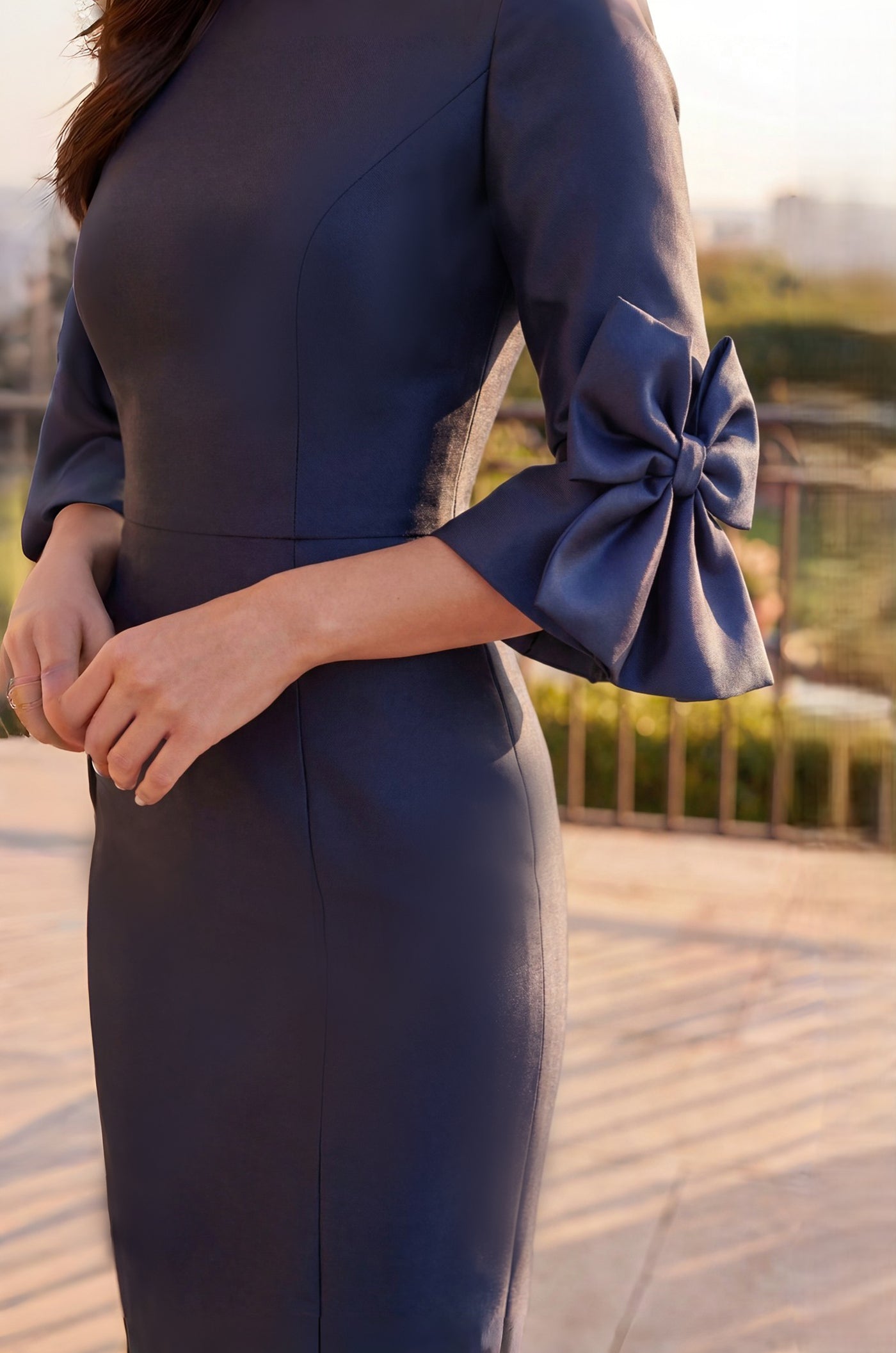 Jewel Neck Formal Midi Length Bow Detail Cocktail Dress in Navy