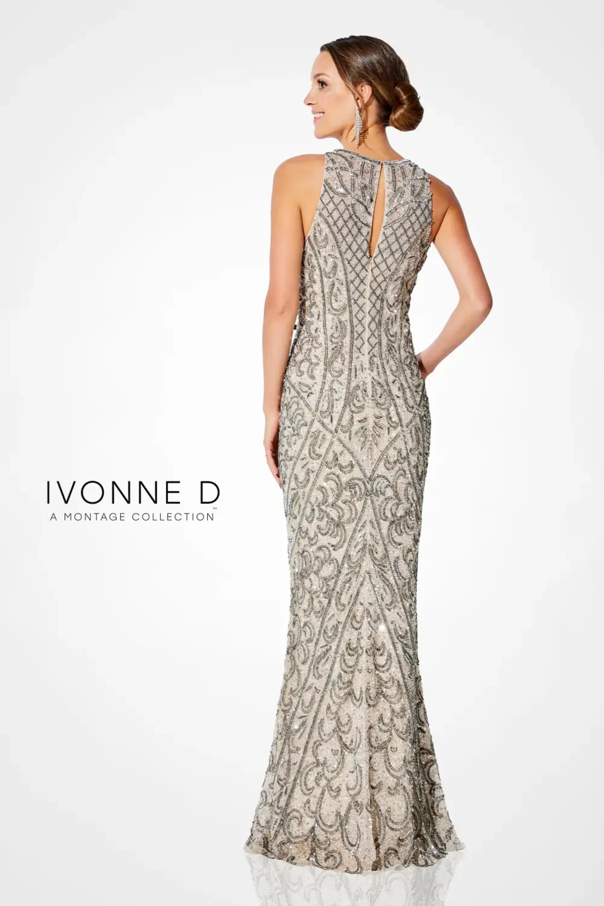 Formal Dresses Fitted Long Formal Beaded Evening Dress Oyster/Pewter
