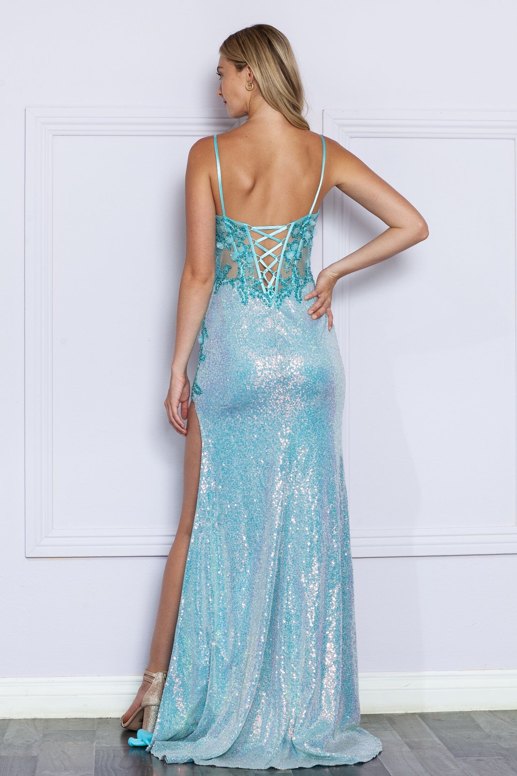 Aqua Blue V Neck Floor Length Sequin Prom Dress with Side Slit Formal Gown Poly USA 9340