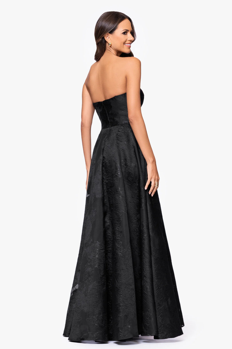 Black Betsy & Adam A27302 Strapless Floor-Length Jacquard Prom A-Line Dress