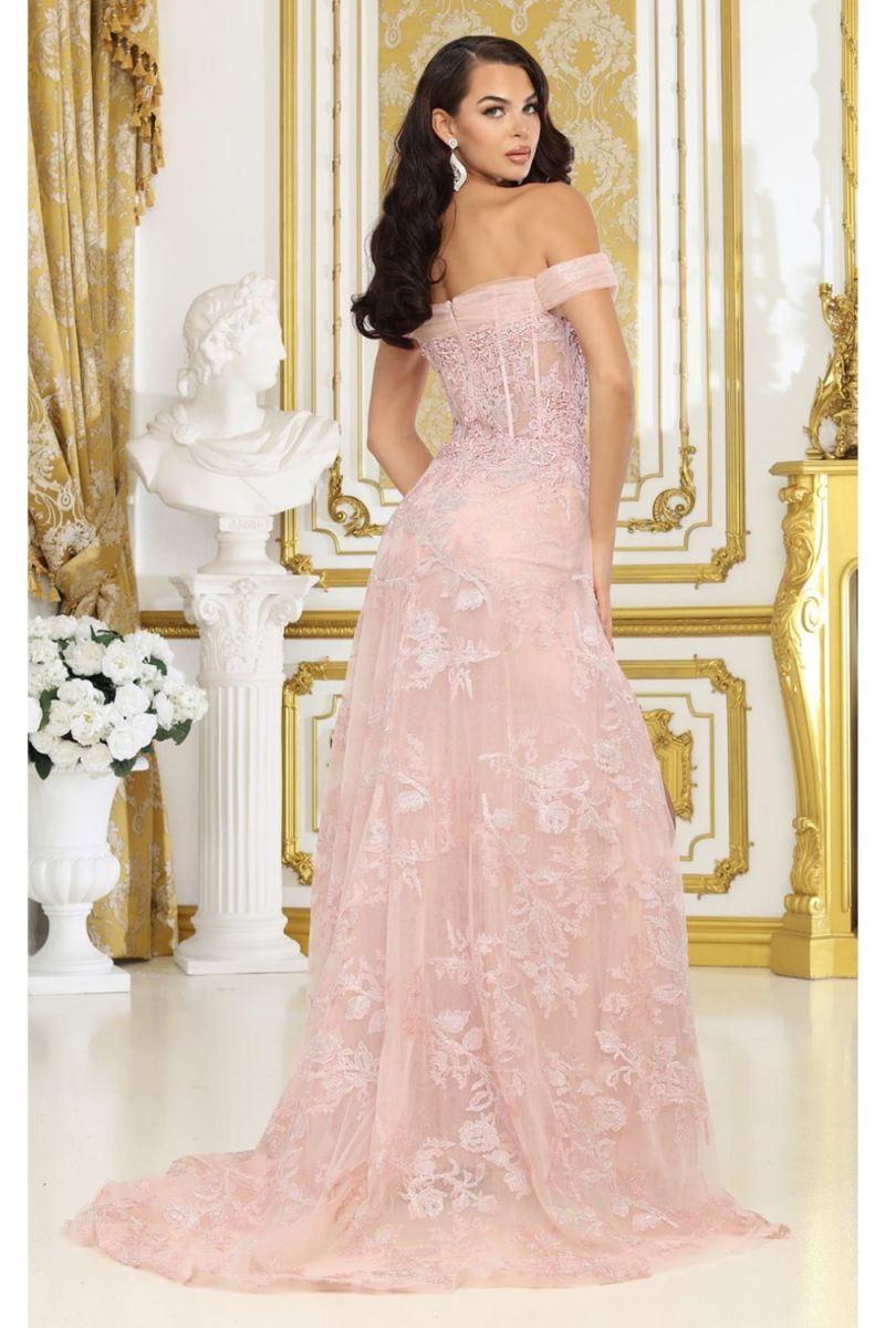 Blush Off-the-Shoulder Floor-Length Lace Prom Dress High Slit May Queen RQ8053