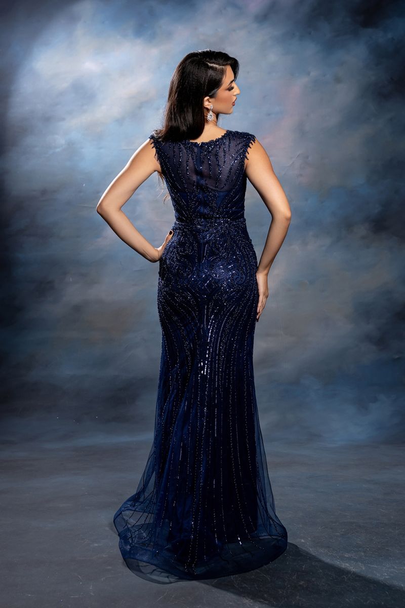 Navy V-Neck Floor-Length Mesh Formal Dress Beaded May Queen RQ8245