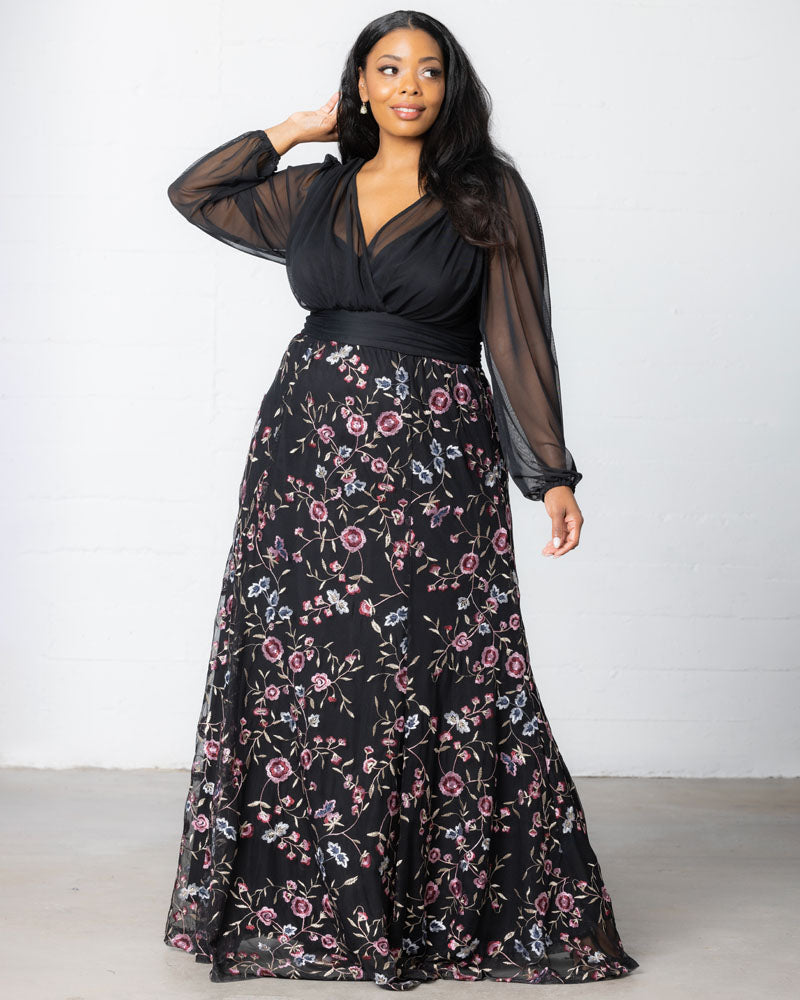 Plus Size Dresses Long Sleeves Floral Long Formal Plus Size Dress  Moonlit Garden