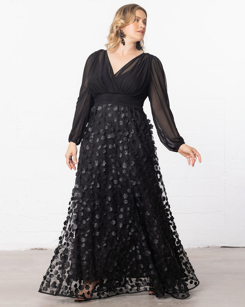 Plus Size Dresses 3D Floral A Line Long Formal Plus Size Dress Onyx Blossoms