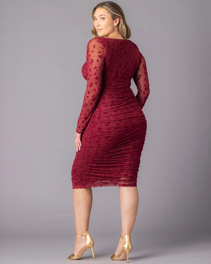 Plus Size Dresses Long Sleeves Short Cocktail Plus Size Dress Burgundy Flocked Florals