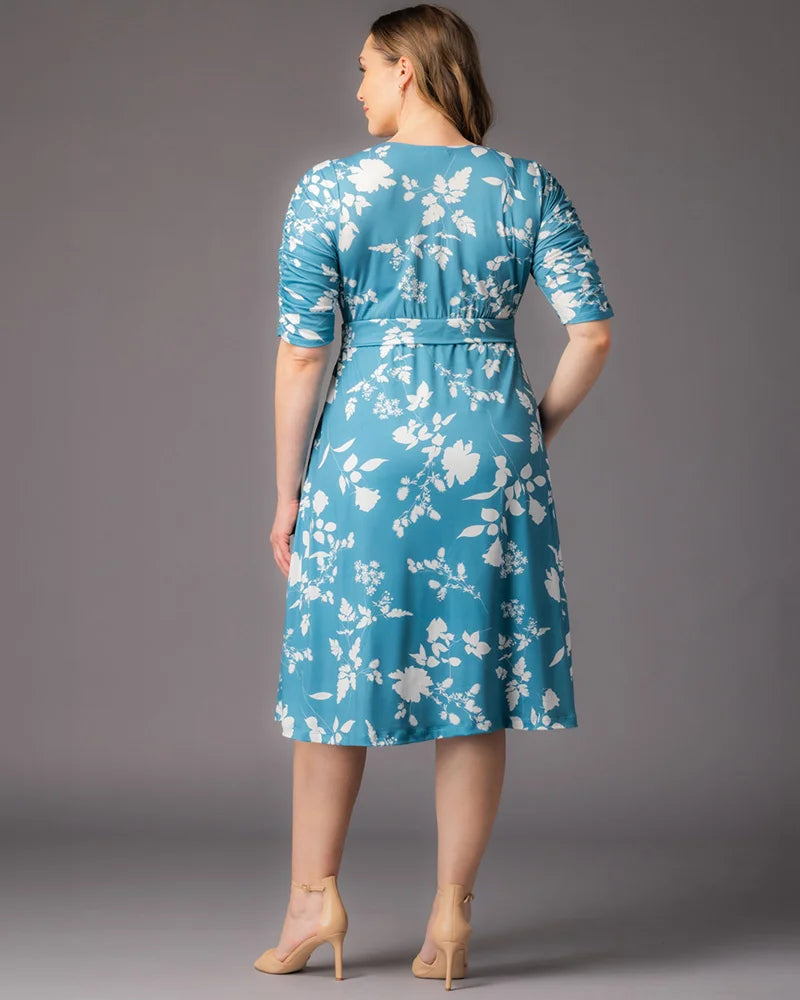 Aqua Blooms V-Neck Knee-Length Floral Casual Dress Plus Size A-Line Dress with Pockets Kiyonna 12183501