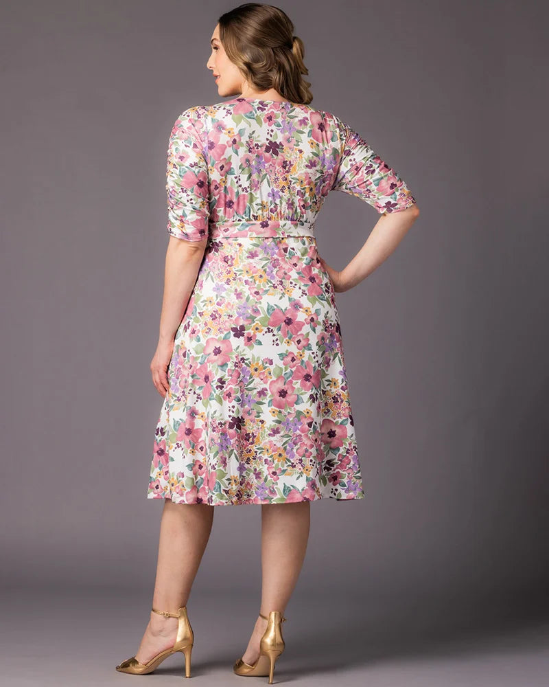 Mauve Watercolor Bouquet V-Neck Knee-Length Floral Casual Dress Plus Size A-Line Dress with Pockets Kiyonna 12183501