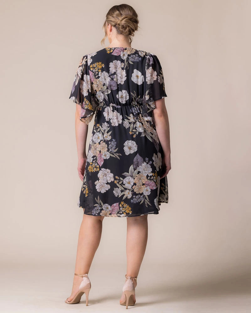 Midnight Peony Print V-Neck Knee-Length Chiffon Casual Floral Wrap Plus Size Dress Kiyonna 12191302