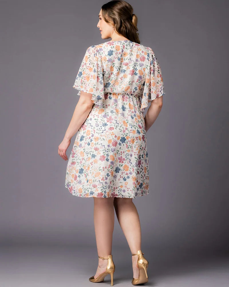 Pale Blossoms V-Neck Knee-Length Chiffon Casual Floral Wrap Plus Size Dress Kiyonna 12191302
