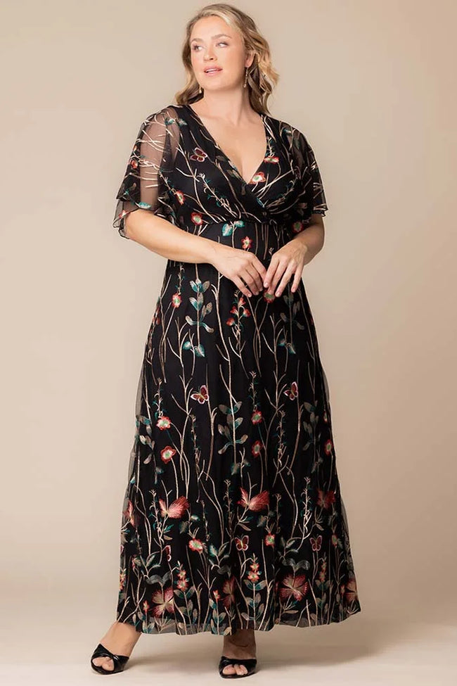 Kiyonna 12192101 Long Formal Printed Plus Size Dress - Onyx Meadow Print / 3X Kiyonna 12192101 Long Formal Printed Plus Size Dress - Onyx Meadow Print / 3X