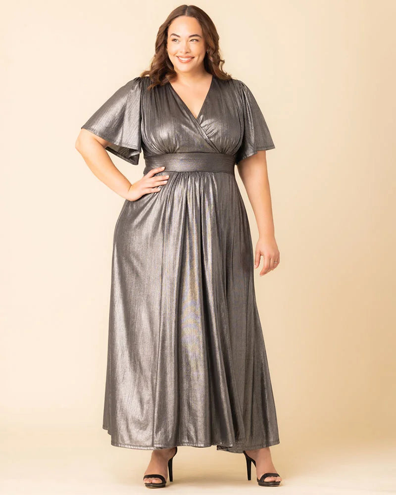 Plus Size Dresses Metallic Long Formal Mother of the Bride Evening Plus Size Dress Kiyonna 12252507 Pewter