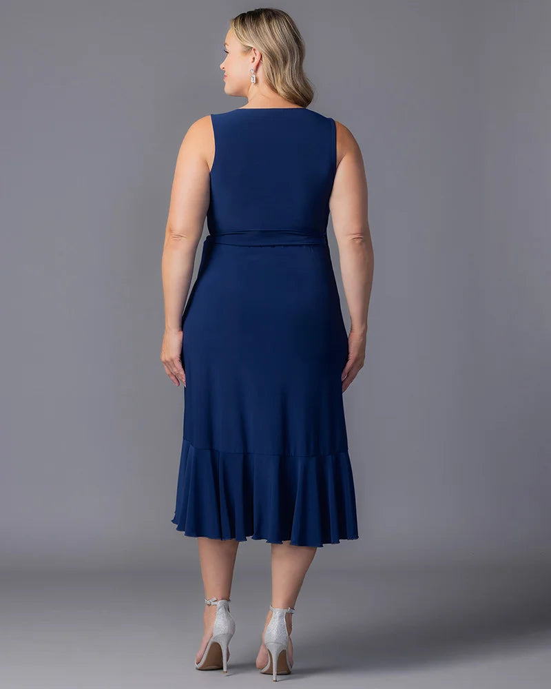 Nouveau Navy V-Neck Midi Jersey Cocktail Dress Ruffle Wrap Plus Size Dress Kiyonna 12262204